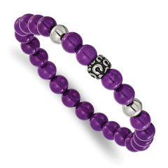 Chisel Stainless Steel Antiqued and Polished 8mm Purple Stone Beaded 7 inch Stretch Bracelet SRB3318