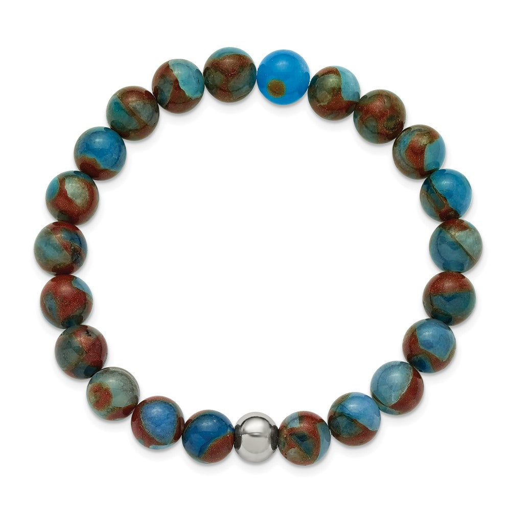 Chisel Stainless Steel Polished 8.5mm Blue and Gold Stone Beaded 6.5 inch Stretch Bracelet SRB3320