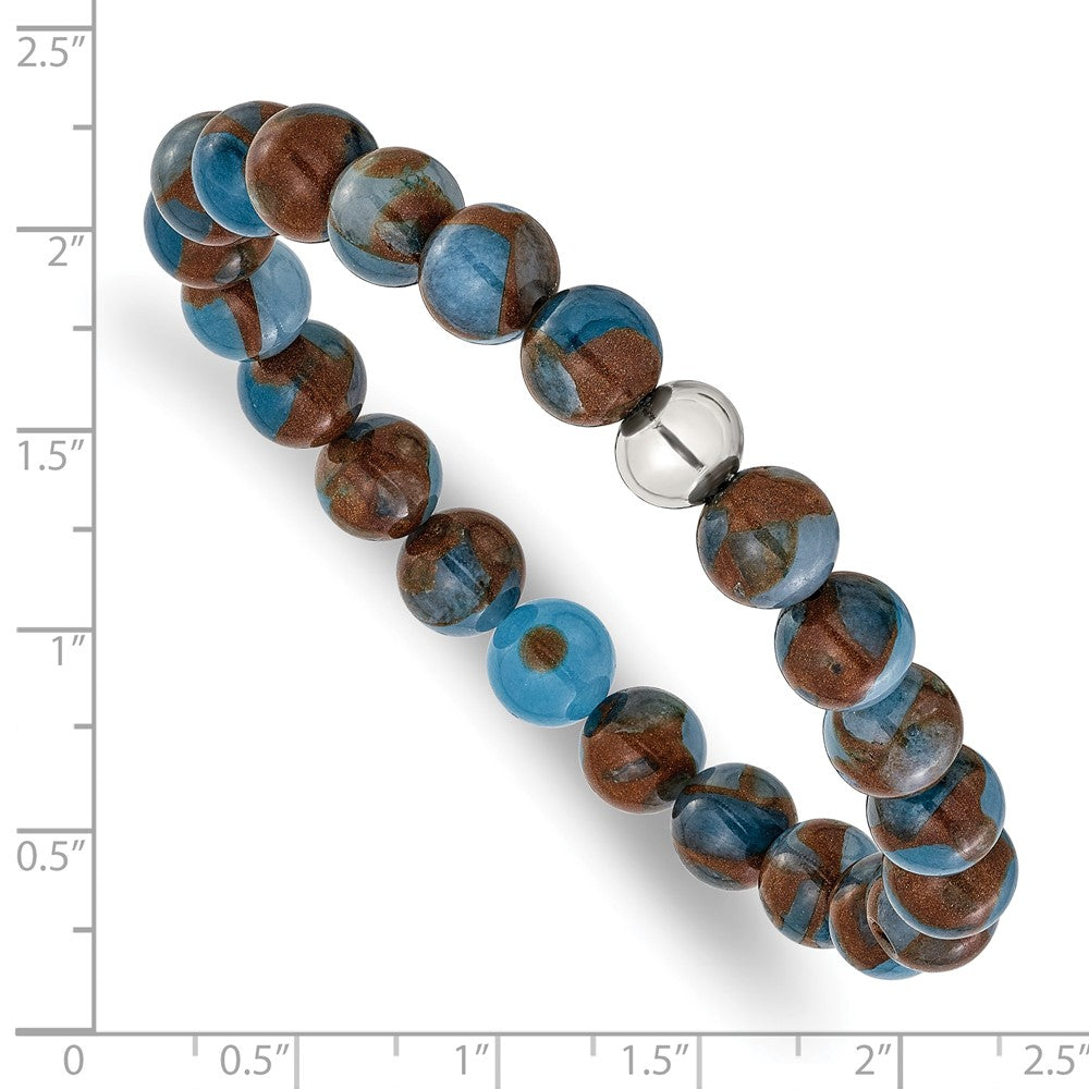 Chisel Stainless Steel Polished 8.5mm Blue and Gold Stone Beaded 6.5 inch Stretch Bracelet SRB3320
