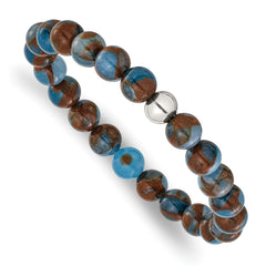 Chisel Stainless Steel Polished 8.5mm Blue and Gold Stone Beaded 6.5 inch Stretch Bracelet SRB3320