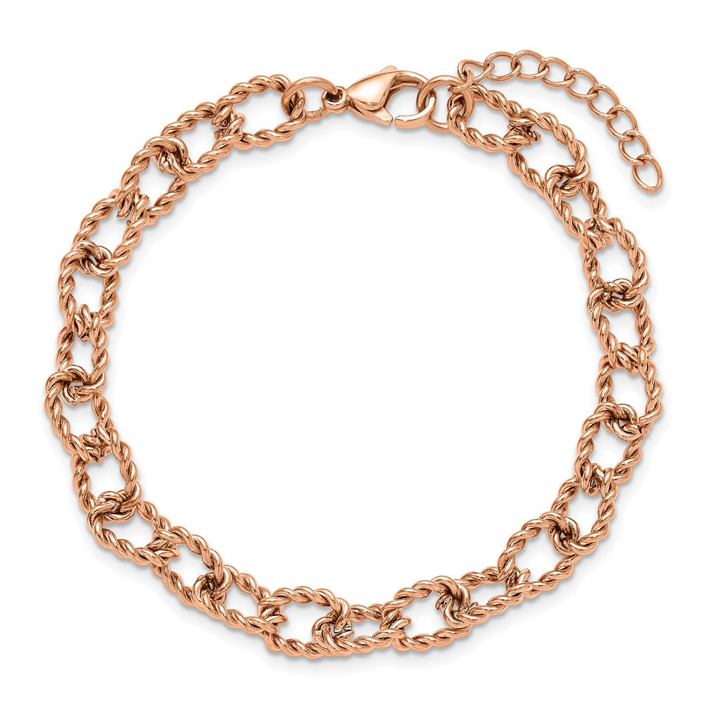 Chisel Stainless Steel Polished and Textured Rose IP-plated Open Link 7 inch Plus a 1 inch Extension Bracelet SRB3358-7