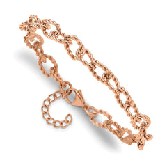 Chisel Stainless Steel Polished and Textured Rose IP-plated Open Link 7 inch Plus a 1 inch Extension Bracelet SRB3358-7