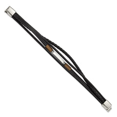 Chisel Stainless Steel Polished Multi-Strand Black Leather 8.5 inch ID Bracelet SRB3368-8.5