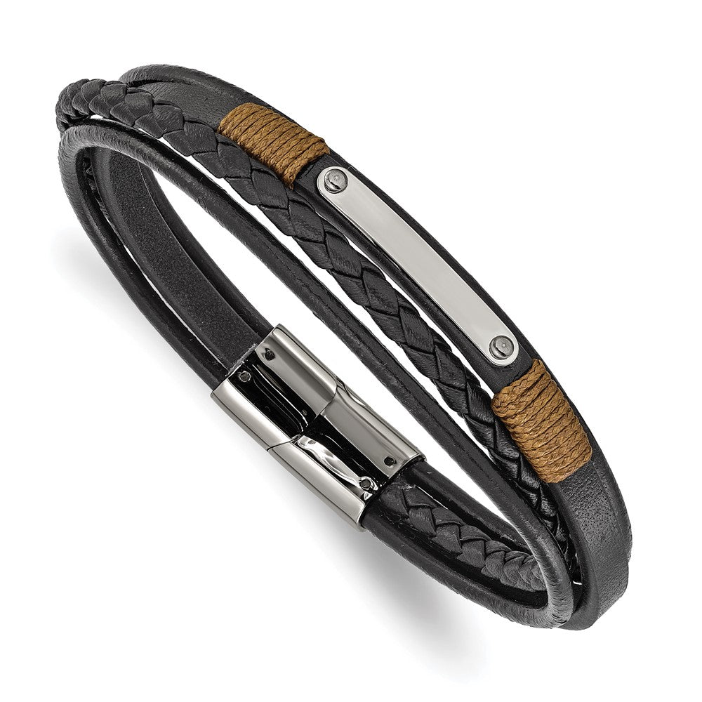 Chisel Stainless Steel Polished Multi-Strand Black Leather 8.5 inch ID Bracelet SRB3368-8.5