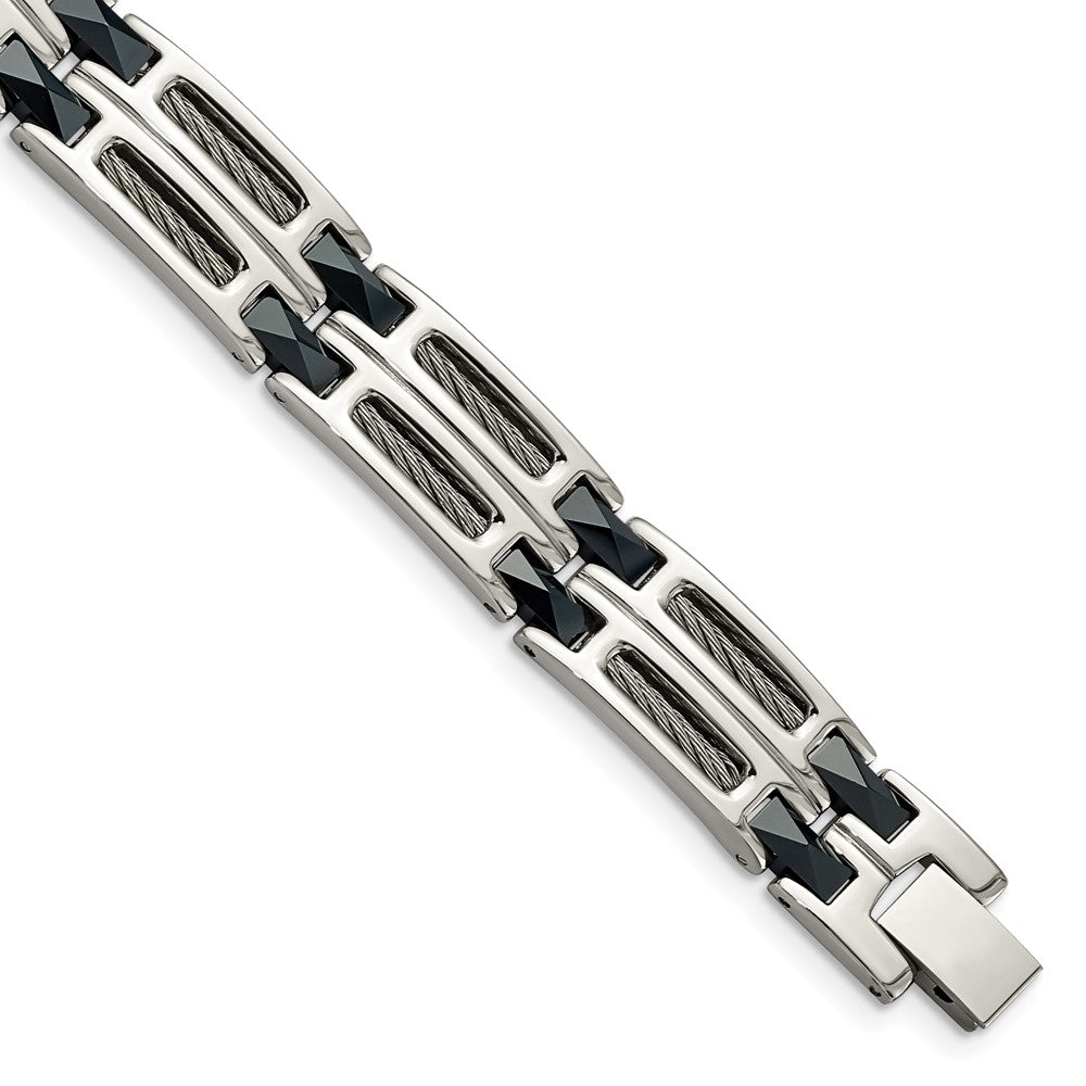 Chisel Stainless Steel Polished with Dark Blue Ceramic and Cable Inlay 8.75 inch Link Bracelet SRB338-8.75