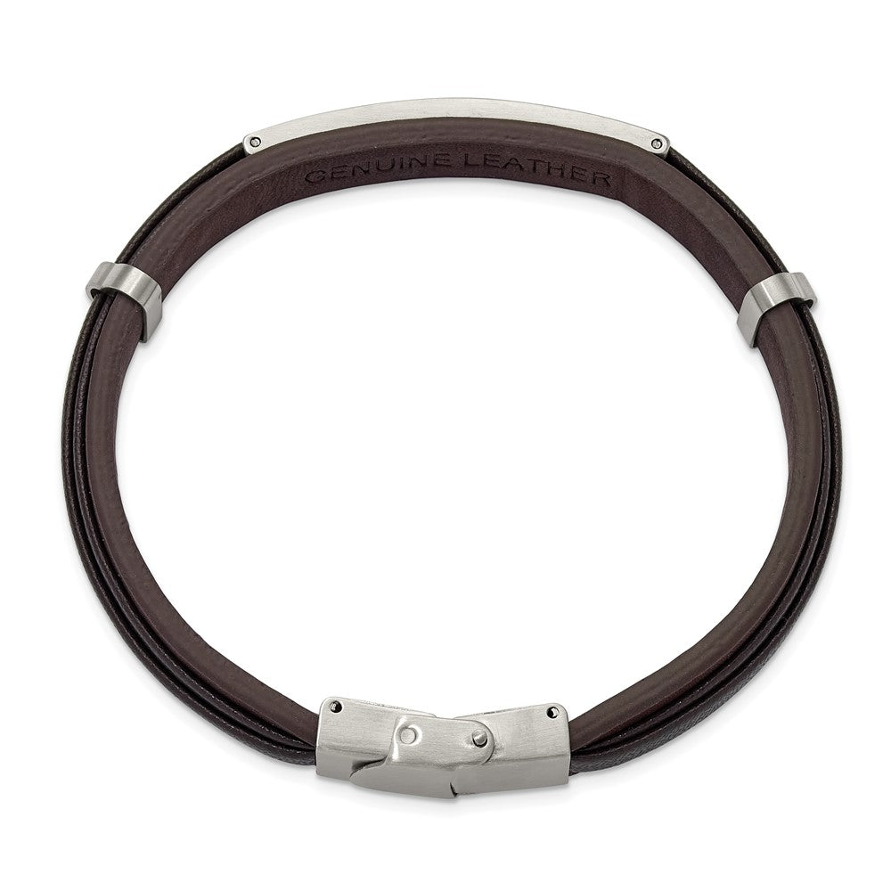 Chisel Stainless Steel Brushed Brown Leather 8.5 inch ID Bracelet SRB3385-8.5