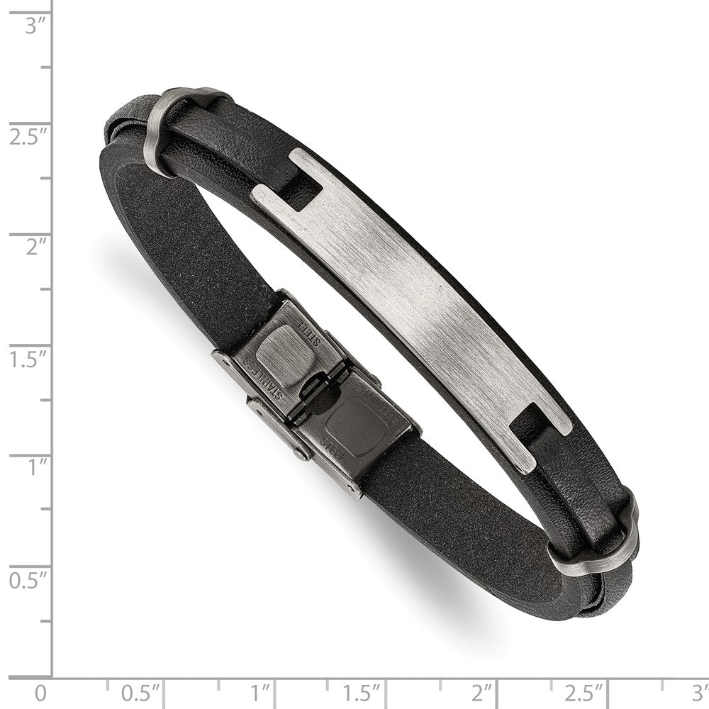 Chisel Stainless Steel Antiqued and Brushed Black Leather 8.75 inch ID Bracelet SRB3389-8.75