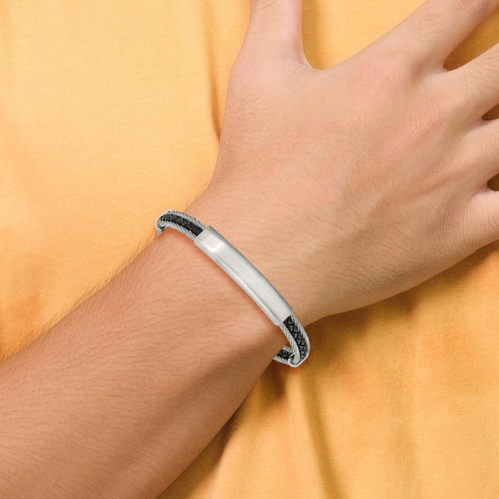 Chisel Stainless Steel Brushed and Polished Wire and Braided Black Leather 6.75 inch Plus a .5 inch Extension ID Bracelet SRB3390-6.75