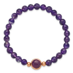 Chisel Stainless Steel Polished Rose IP-plated 6.5mm Amethyst Beaded 7 inch Stretch Bracelet SRB3402
