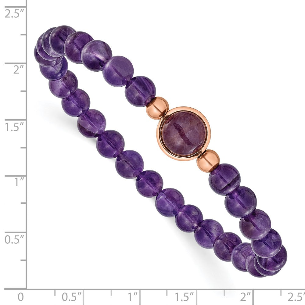 Chisel Stainless Steel Polished Rose IP-plated 6.5mm Amethyst Beaded 7 inch Stretch Bracelet SRB3402