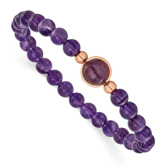 Chisel Stainless Steel Polished Rose IP-plated 6.5mm Amethyst Beaded 7 inch Stretch Bracelet SRB3402