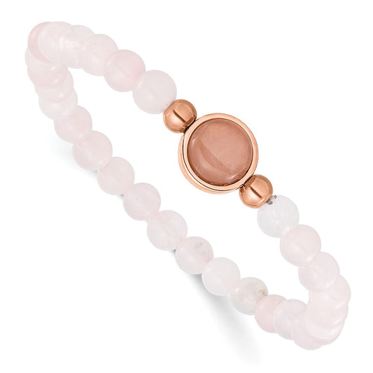 Chisel Stainless Steel Polished Rose IP-plated 6mm Pink Crystal Beaded 7 inch Stretch Bracelet SRB3403