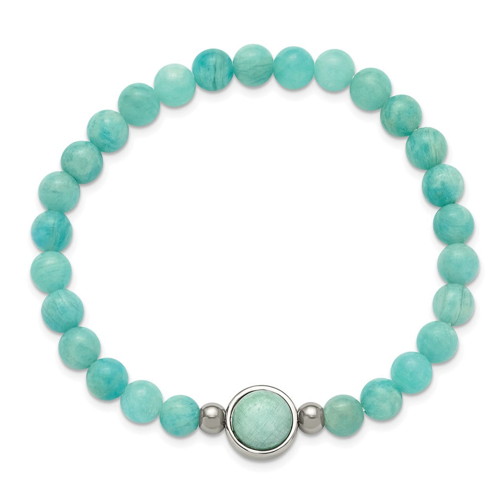 Chisel Stainless Steel Polished 6.5mm China Amazonite Beaded 7 inch Stretch Bracelet SRB3404