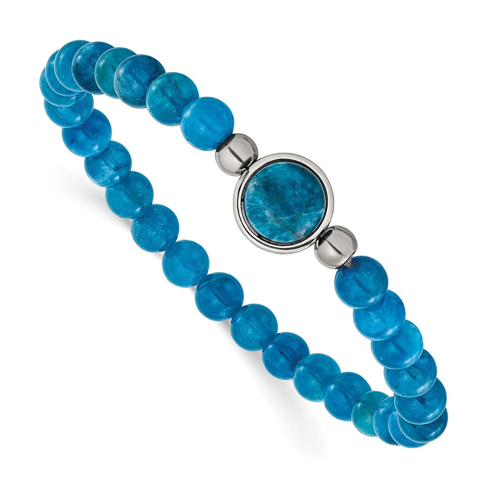 Chisel Stainless Steel Polished 6mm Blue Apatite Beaded 7 inch Stretch Bracelet SRB3406