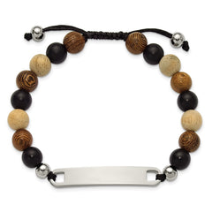 Chisel Stainless Steel Polished Camphor, Tigerwood and Onyx Beaded Black Nylon 6.75 inch to 8.5 inch Adjustable ID Bracelet SRB3407