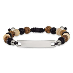 Chisel Stainless Steel Polished Camphor, Tigerwood and Onyx Beaded Black Nylon 6.75 inch to 8.5 inch Adjustable ID Bracelet SRB3407