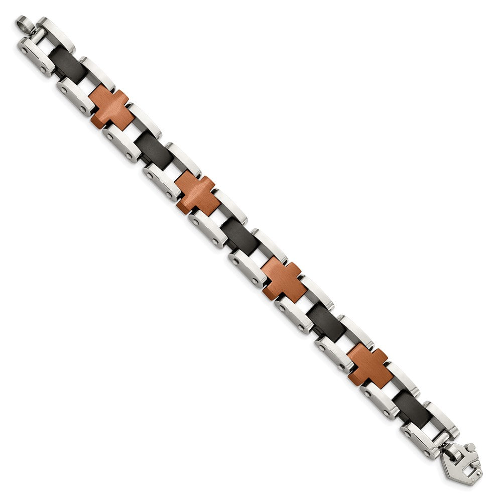 Chisel Stainless Steel Brushed and Polished Black and Brown IP-plated 8.75 inch Cross Link Bracelet SRB343-8.75