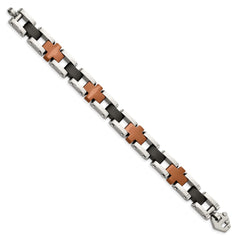 Chisel Stainless Steel Brushed and Polished Black and Brown IP-plated 8.75 inch Cross Link Bracelet SRB343-8.75