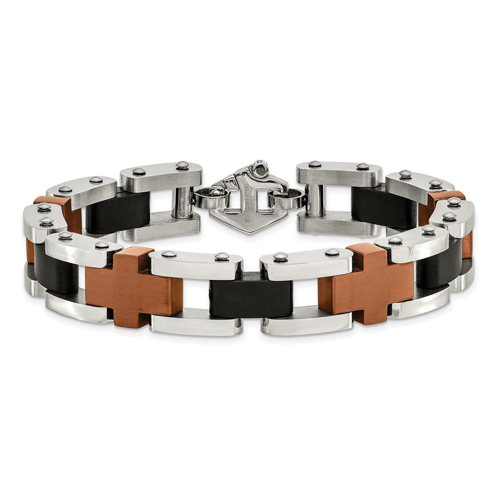 Chisel Stainless Steel Brushed and Polished Black and Brown IP-plated 8.75 inch Cross Link Bracelet SRB343-8.75