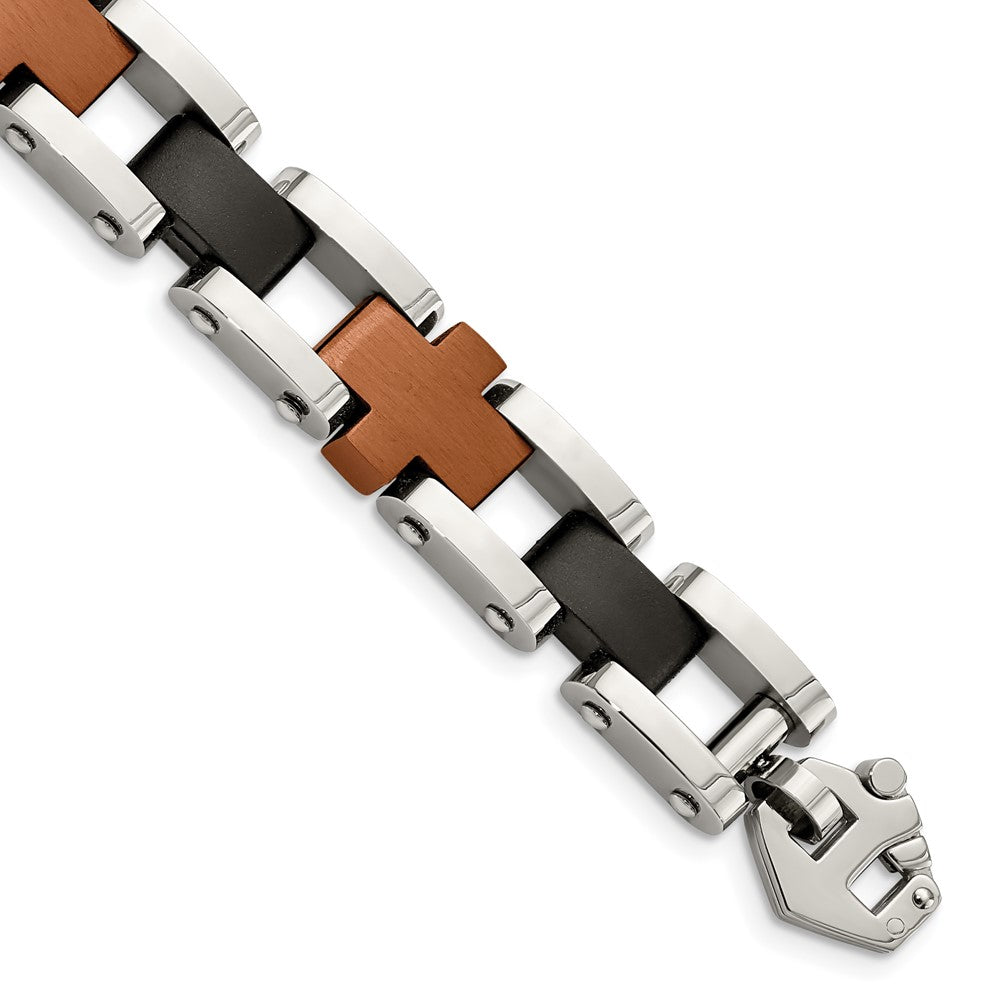 Chisel Stainless Steel Brushed and Polished Black and Brown IP-plated 8.75 inch Cross Link Bracelet SRB343-8.75