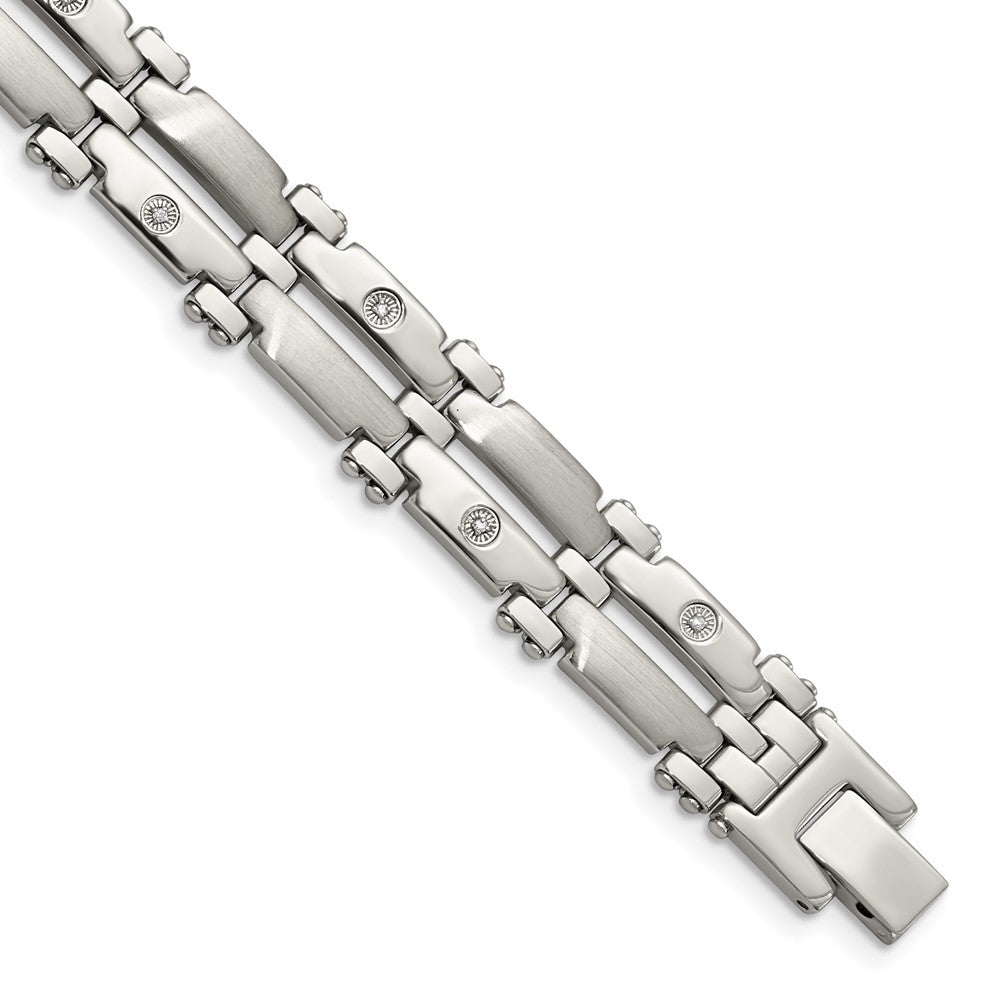 Chisel Stainless Steel Brushed and Polished with Rhodium-plated 14k White Gold and 1/20 carat Diamond 8.5 inch Bracelet SRB414-8.5