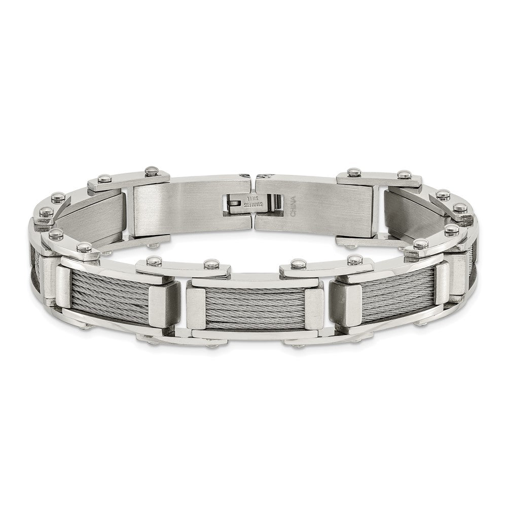 Chisel Stainless Steel Brushed and Polished with Cable Inlay 8.5 inch Link Bracelet SRB429-8.5