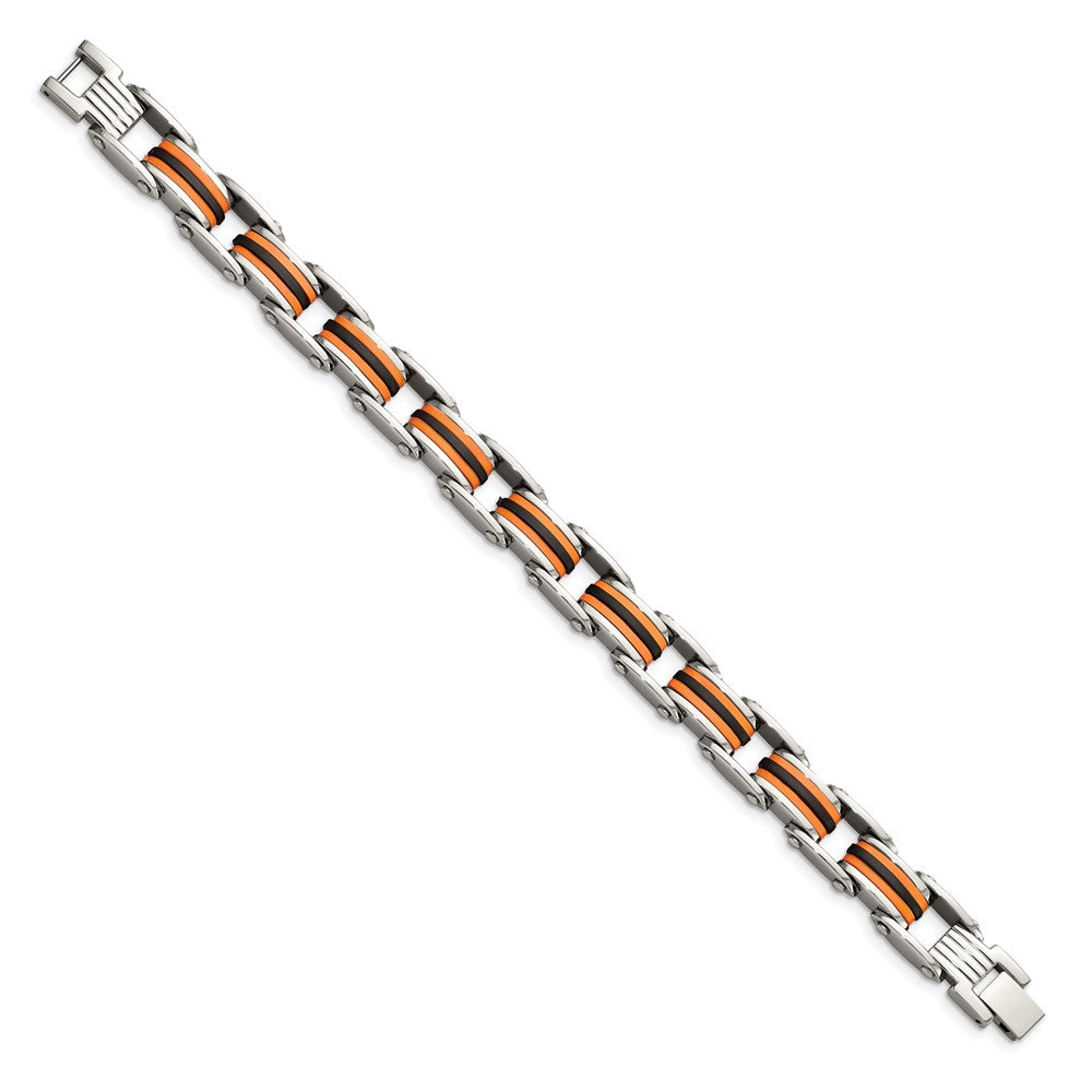 Chisel Stainless Steel Polished with Black and Orange Polyurethane 8.75 inch Link Bracelet SRB470-8.75