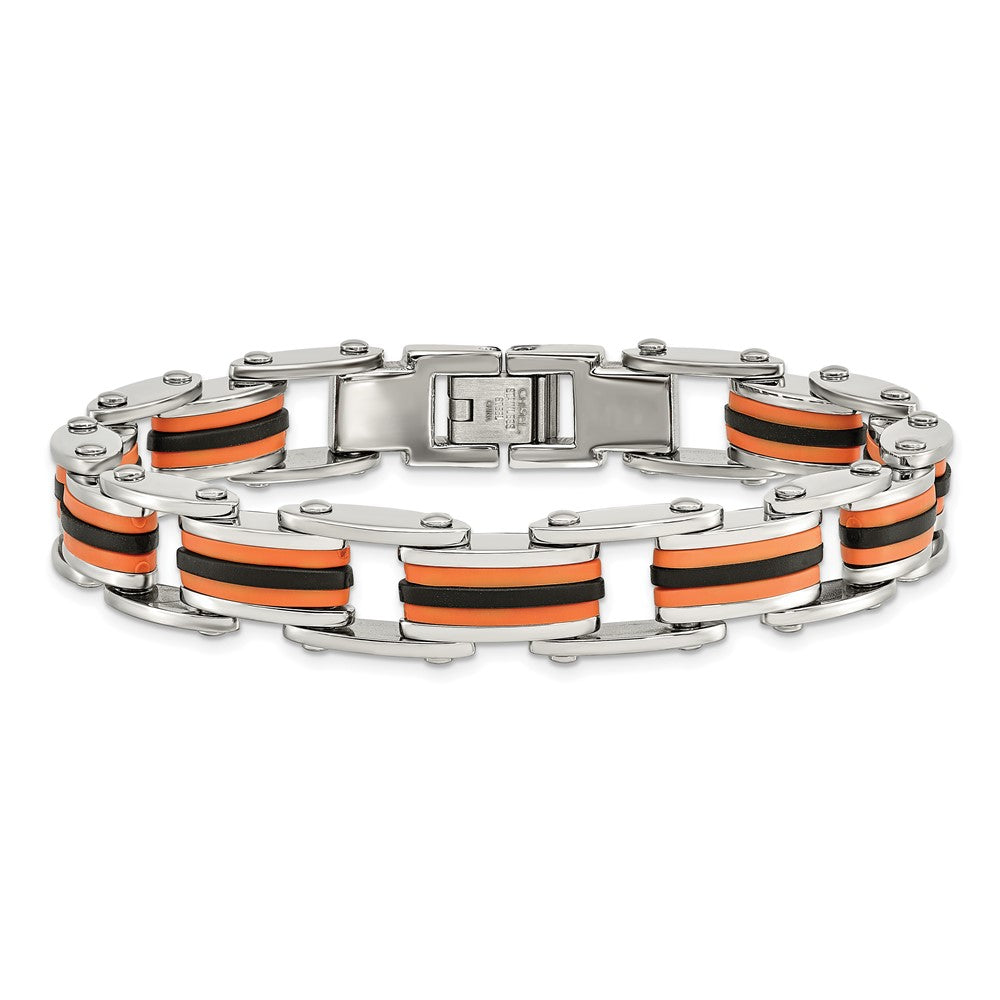 Chisel Stainless Steel Polished with Black and Orange Polyurethane 8.75 inch Link Bracelet SRB470-8.75