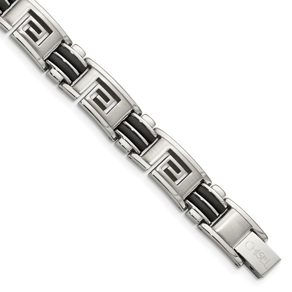 Chisel Stainless Steel Brushed and Polished Black Rubber Inlay Greek Key 8.5 inch Bracelet SRB480-8.5