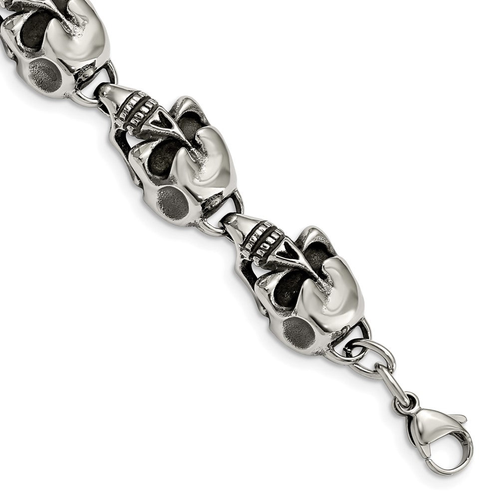 Chisel Stainless Steel Antiqued and Polished Skull Link 8.5 inch Bracelet SRB795-8.5
