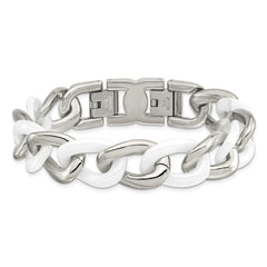 Chisel Stainless Steel Polished with White Ceramic 7.5 inch Curb Link Bracelet with 1 inch Extension SRB804-7.5
