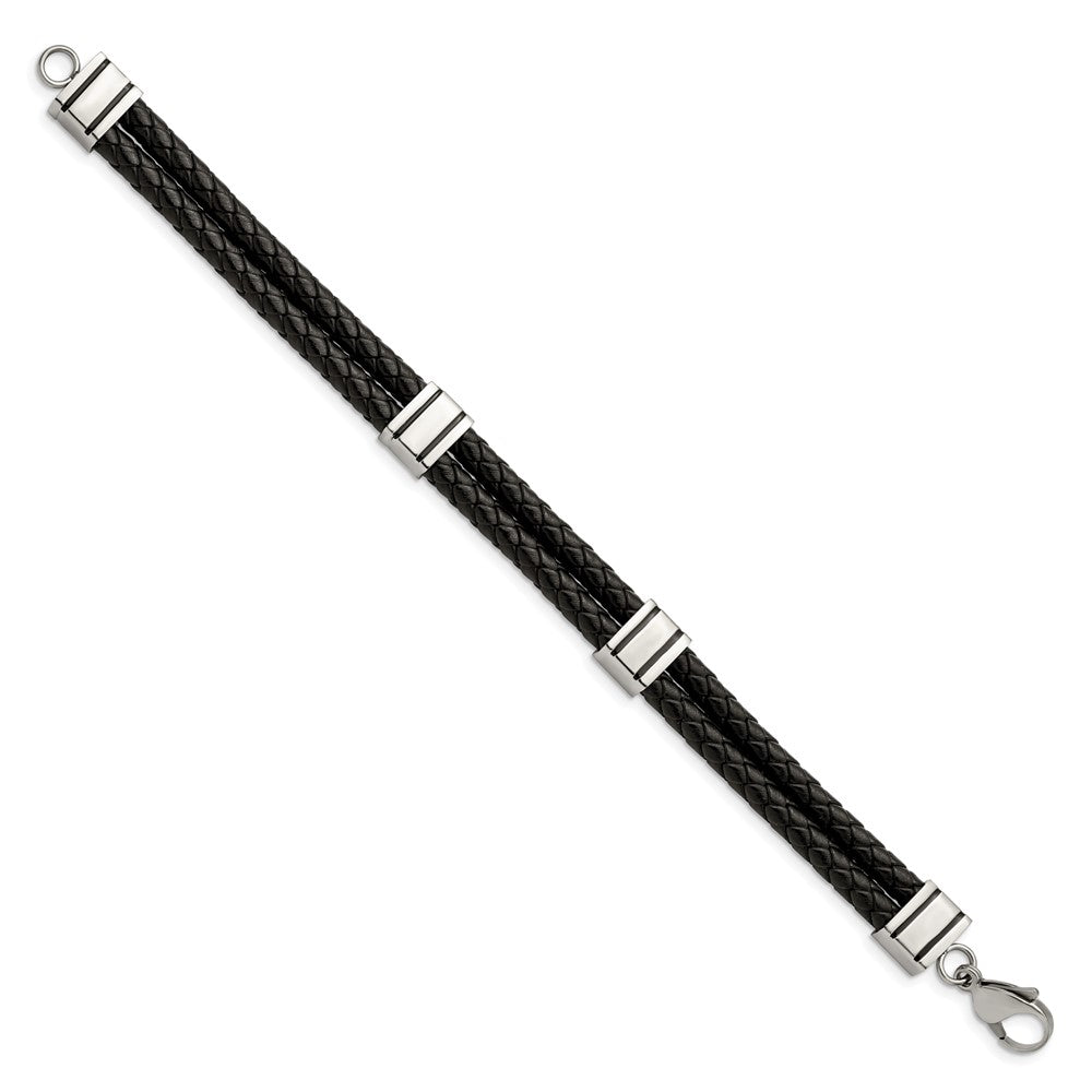 Chisel Stainless Steel Polished Braided 2 Strand Black Braided Leather 9 inch Bracelet SRB869-9