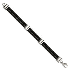 Chisel Stainless Steel Polished Braided 2 Strand Black Braided Leather 9 inch Bracelet SRB869-9