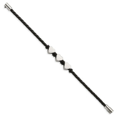 Chisel Stainless Steel Polished Hearts Black Braided Leather and Rubber 7.5 inch Bracelet SRB871-7.5
