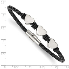 Chisel Stainless Steel Polished Hearts Black Braided Leather and Rubber 7.5 inch Bracelet SRB871-7.5