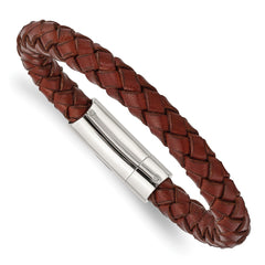 Chisel Stainless Steel Polished Brown Braided Leather 8.5 inch Bracelet SRB979-8.5