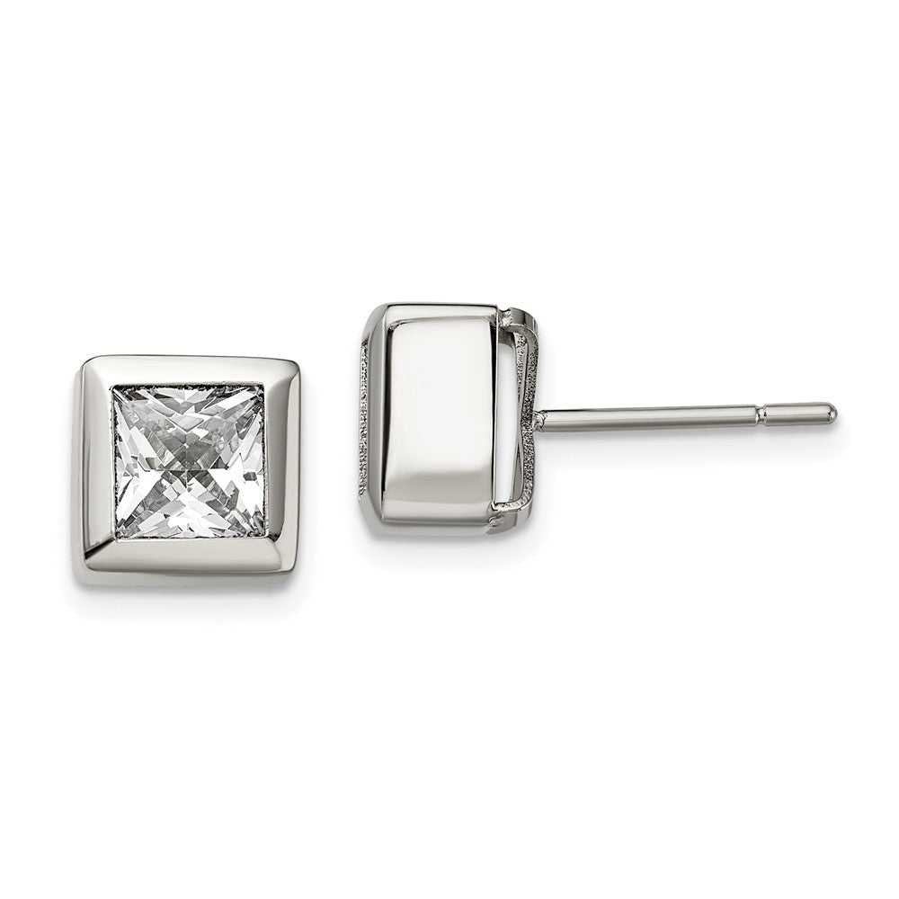 SRE1007 Chisel Stainless Steel Polished Square CZ Post Earrings