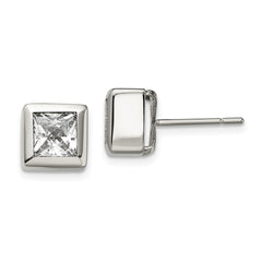 SRE1007 Chisel Stainless Steel Polished Square CZ Post Earrings