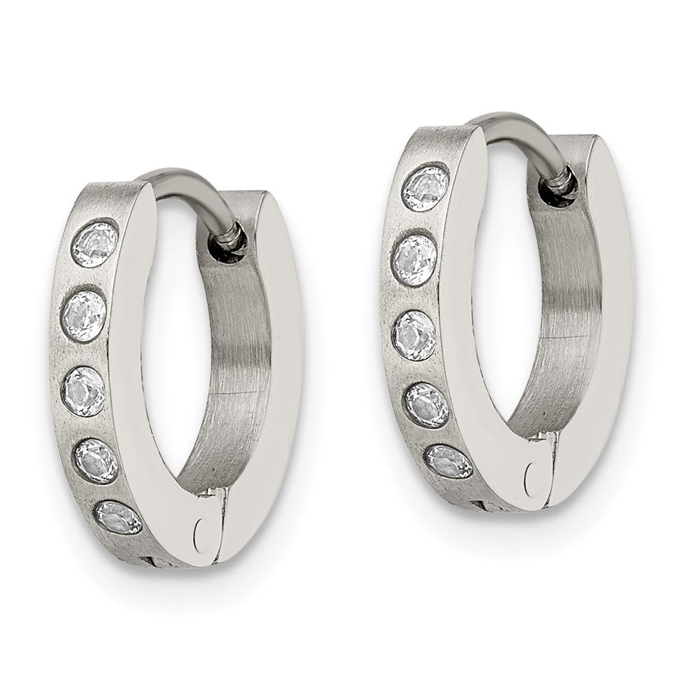SRE104 Chisel Stainless Steel Brushed and Polished with CZ 2mm Hinged Hoop Earrings