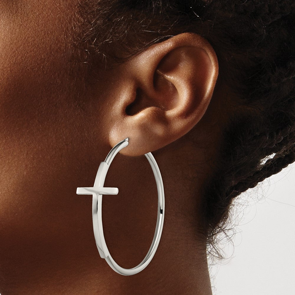 SRE1040 Chisel Stainless Steel Polished Large Cross Hoop Earrings