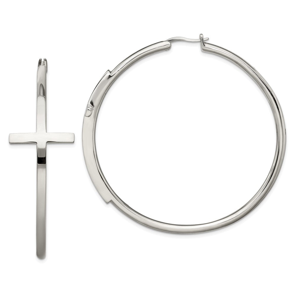 SRE1040 Chisel Stainless Steel Polished Large Cross Hoop Earrings