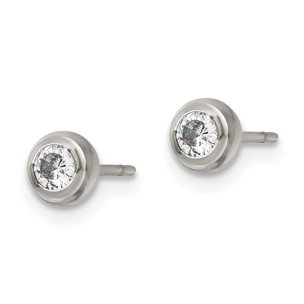 SRE1067 Chisel Stainless Steel Polished 3mm Bezel CZ Stud Post Earrings
