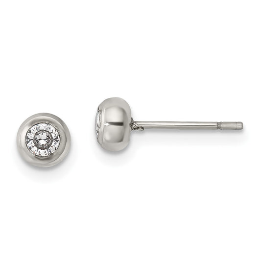 SRE1067 Chisel Stainless Steel Polished 3mm Bezel CZ Stud Post Earrings
