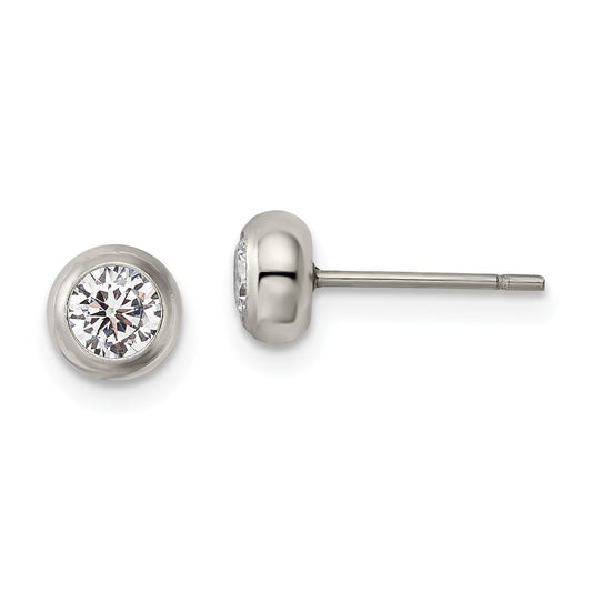 SRE1068 Chisel Stainless Steel Polished 4mm Bezel CZ Stud Post Earrings