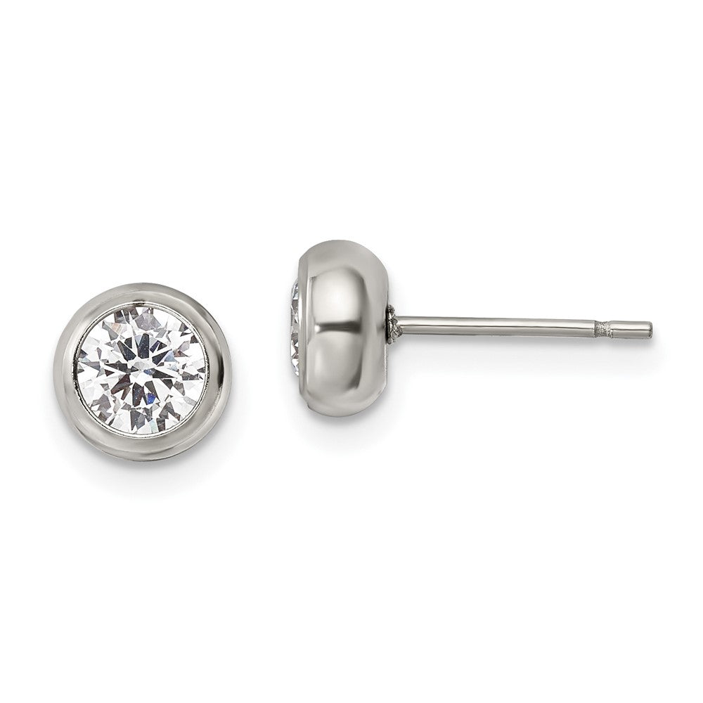 SRE1069 Chisel Stainless Steel Polished 5mm Bezel CZ Stud Post Earrings