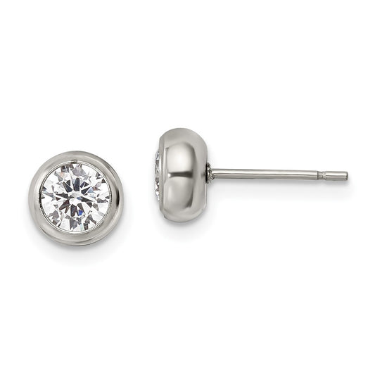 SRE1069 Chisel Stainless Steel Polished 5mm Bezel CZ Stud Post Earrings
