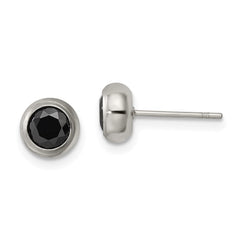 SRE1073 Chisel Stainless Steel Polished 5mm Bezel Black CZ Stud Post Earrings