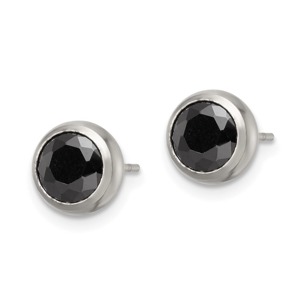 SRE1074 Chisel Stainless Steel Polished 6mm Bezel Black CZ Stud Post Earrings
