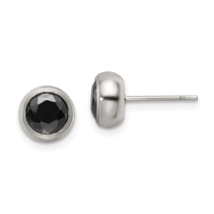 SRE1074 Chisel Stainless Steel Polished 6mm Bezel Black CZ Stud Post Earrings