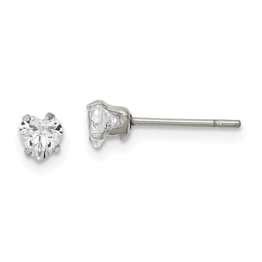SRE1075 Chisel Stainless Steel Polished 4mm Heart CZ Stud Post Earrings